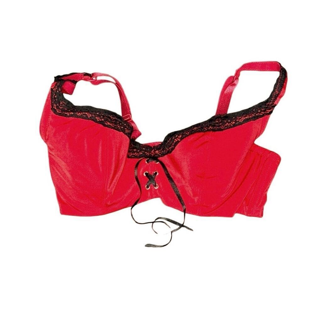 Frederick’s of Hollywood 36D Red Corset Bra Black Lace Full Figure Lace-Up Front